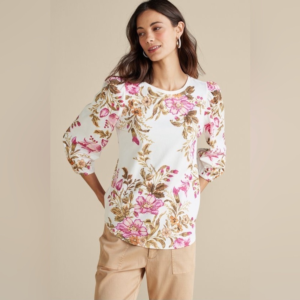 Soft Surroundings Womens White Beaded Floral Lesley Printed Crew Neck Top Large